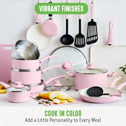 Kitchen Utensils and Sauce Stew Pot with Kitchen Utensils Dishwasher Safety Pink Cookware Set 23 Pieces