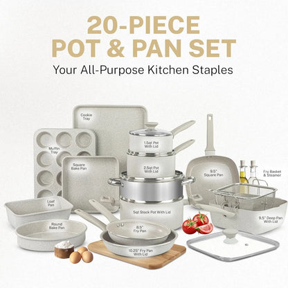 Kitchen Cookware Sets Non Stick Pots and Pan Set Diamond Coated 20 Pc