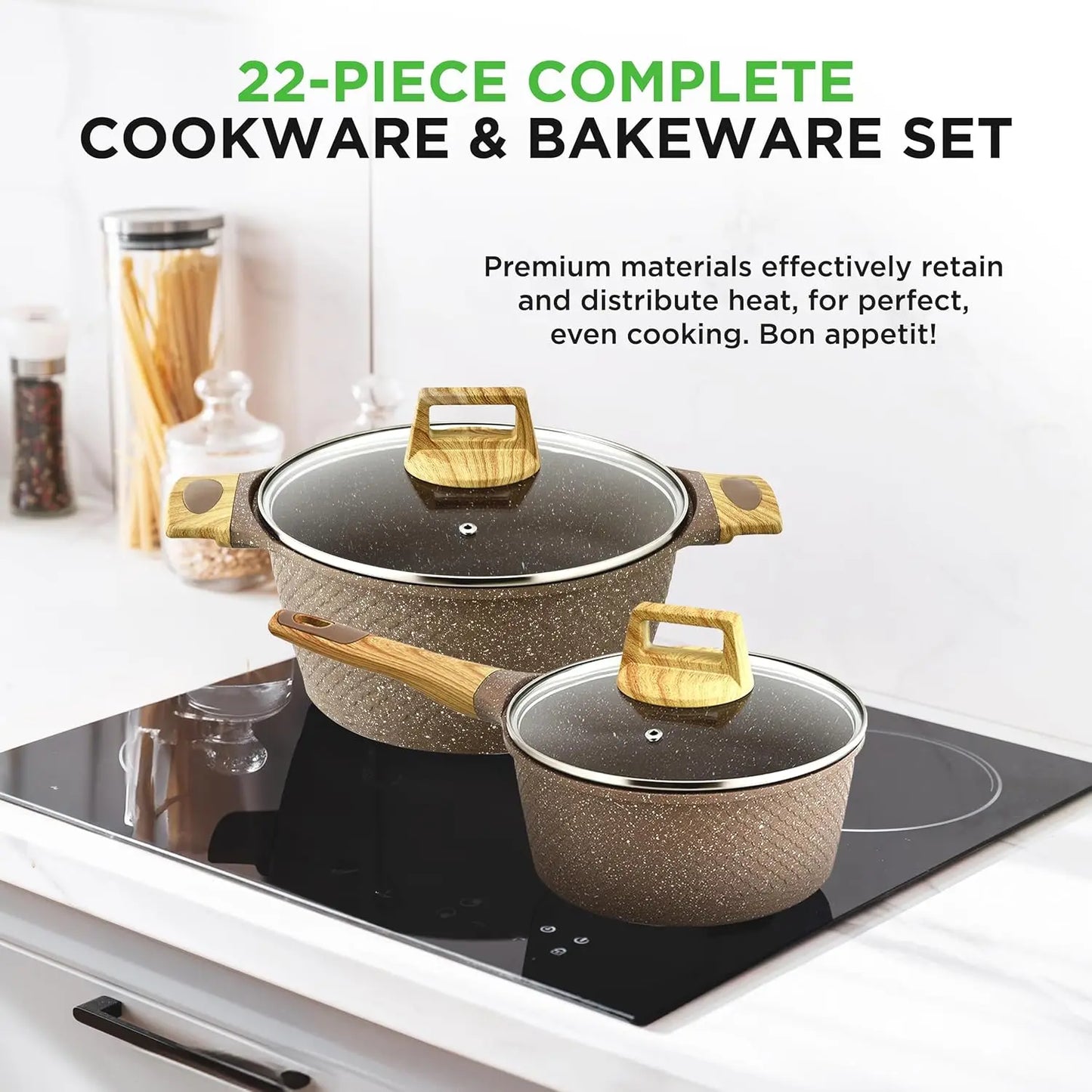 Cookware and Bakeware Set  Professional Home Kitchen Collection with Multi-Sized Pots Pans Nutrichef 22-Piece