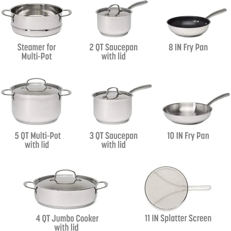 Classic Stainless Steel Cookware Set Pots and Pans Goodful 12-Piece