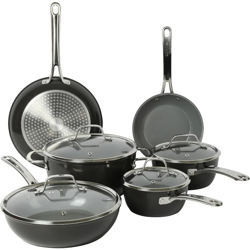 Titanium Ceramic Nonstick Interior Forged Aluminum Cookware Pots and Pans Set - Black 10 Piece