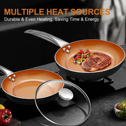 Nonstick Copper Skillet Sets with Lids 10+12 Inch