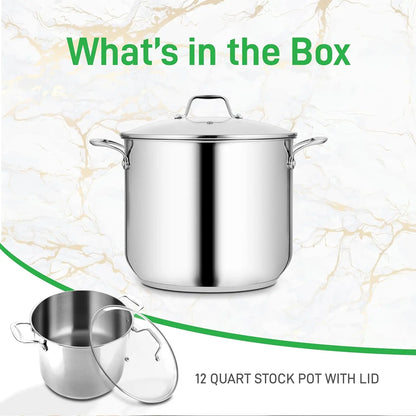 Stainless Steel Stock Pot 18/8 Food Grade Heavy Duty Induction 12-Quart