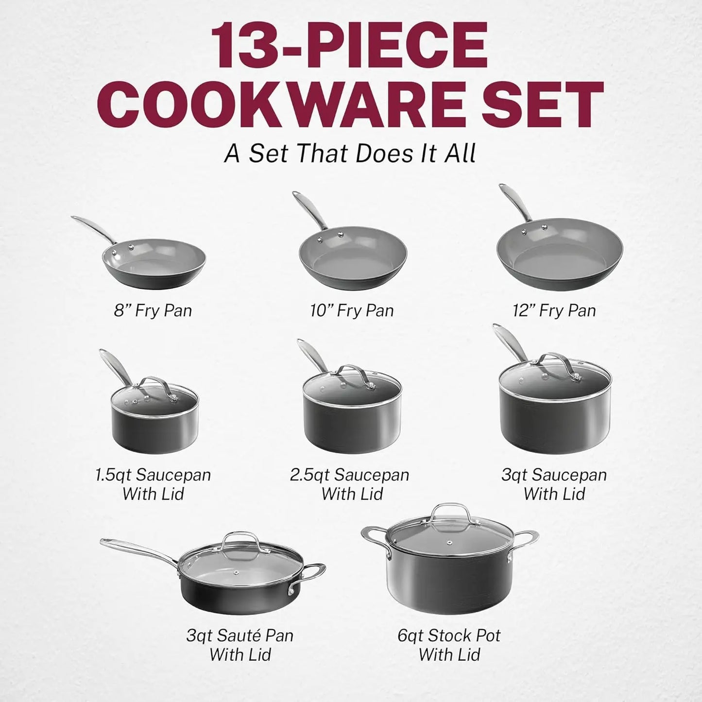 Non Stick Hard Anodized Ceramic Cookware 13 Pc Ceramic Pots and Pans Set Granite Stone