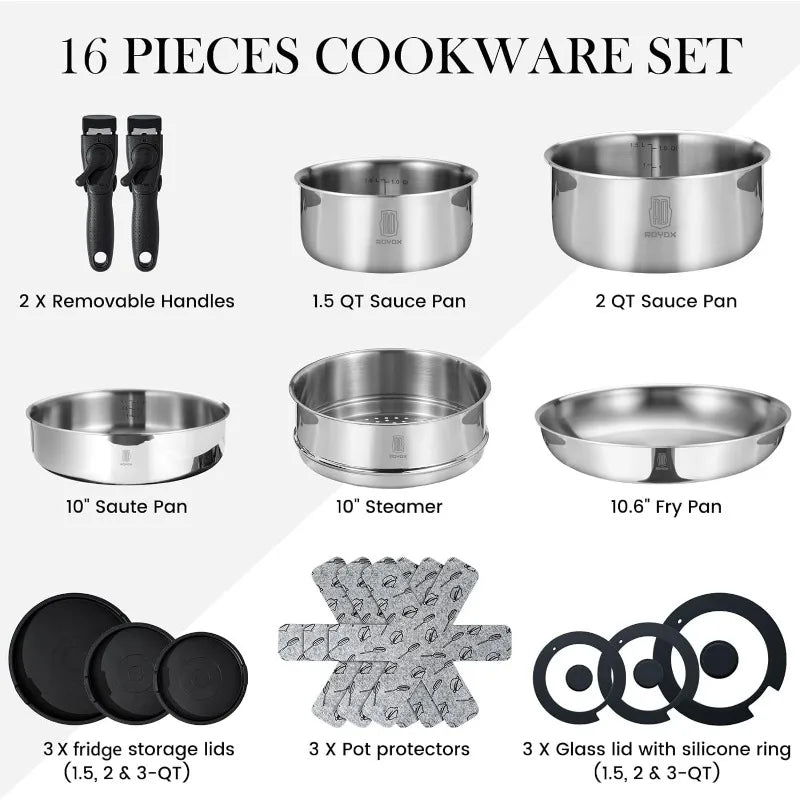 Pots and Pans Set 20 Piece Stainless Steel Kitchen Removable Handle Cookware Set