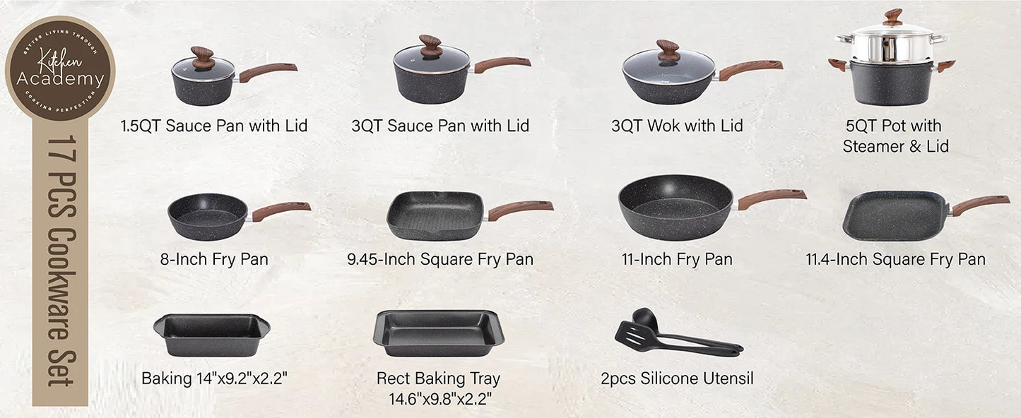 Black Granite Pots and Pans Set Academy Induction 17 Piece Non-stick