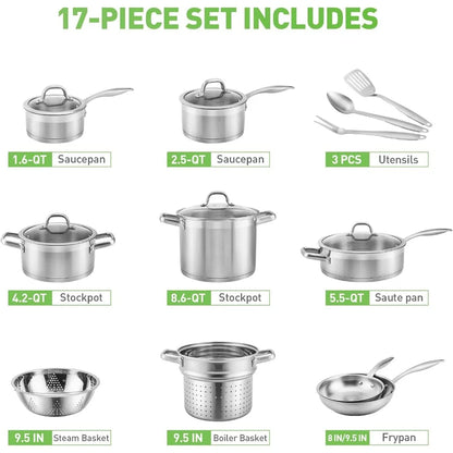 Stainless Steel Pots and Pans Set 17PC Induction Cookware Set