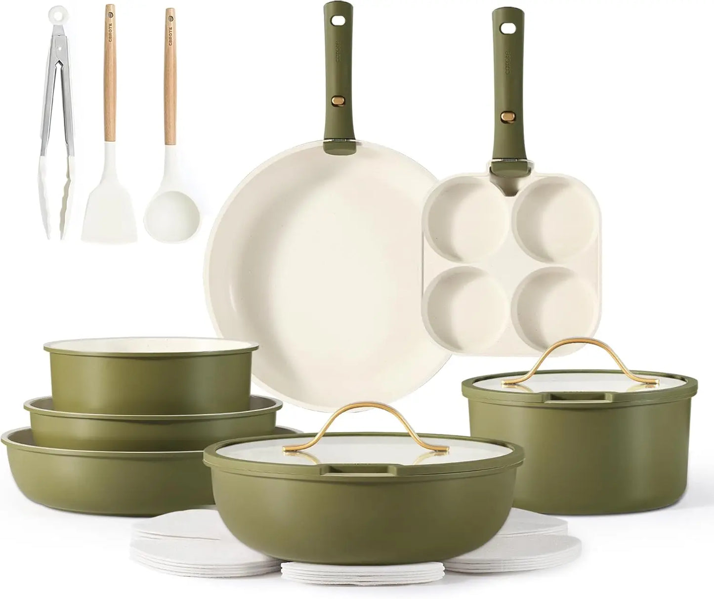 Detachable Handle19pcs Pots and Pans Set Nonstick Cookware Set Earthy Green