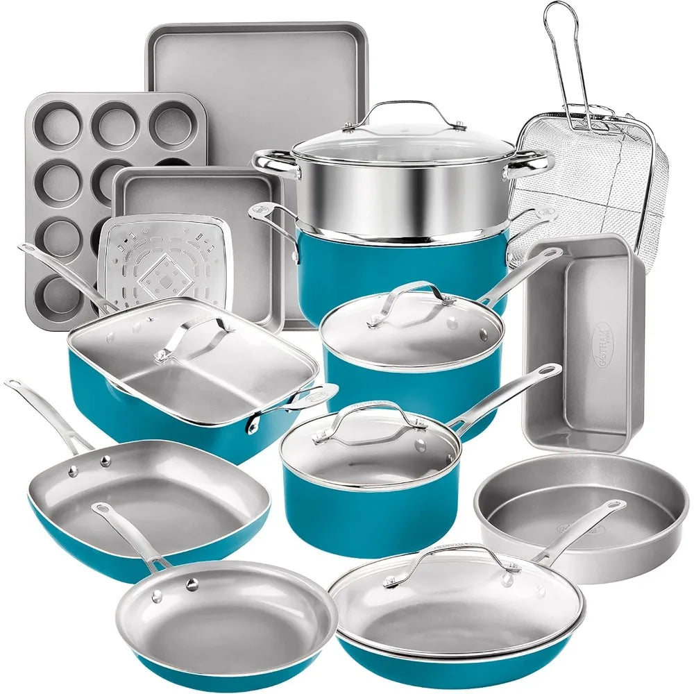 Ceramic Nonstick Cookware Set Dishwasher Safe 20 Piece Pots and Pans Set