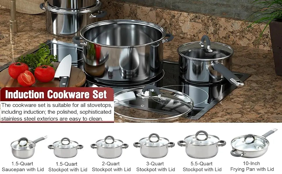 Kitchen Cookware Set 12-Piece Basic Stainless Steel Pots and Pans Silver