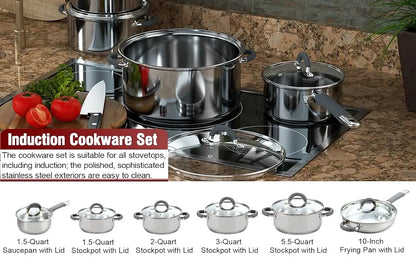 Kitchen Cookware Set 12-Piece Basic Stainless Steel Pots and Pans Silver