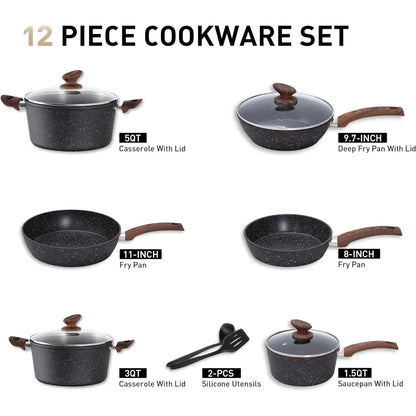 Nonstick 12 Piece Pots and Pans Cookware Sets Granite Cooking