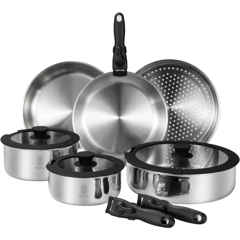 Pots and Pans Set 20 Piece Stainless Steel Kitchen Removable Handle Cookware Set