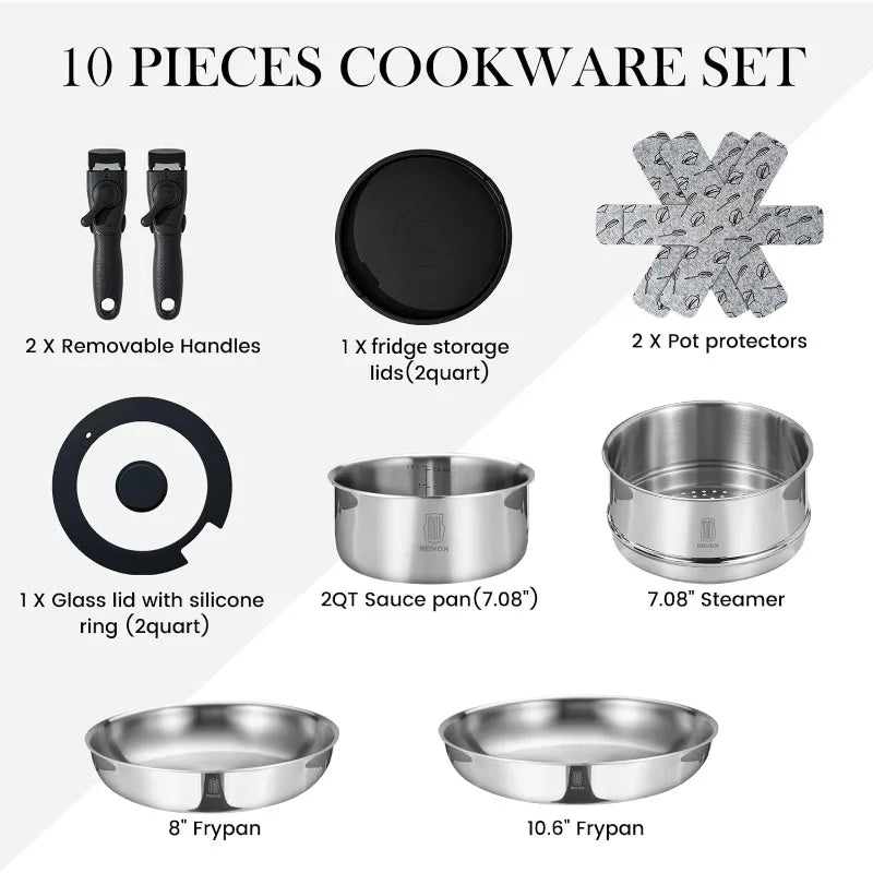 Pots and Pans Set 20 Piece Stainless Steel Kitchen Removable Handle Cookware Set