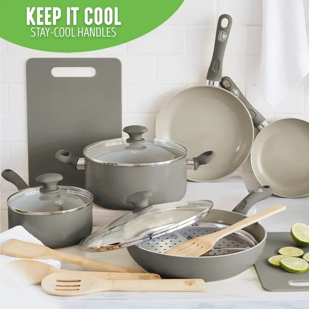 Ceramic Nonstick 15 Piece Kitchen Cookware Set Gray