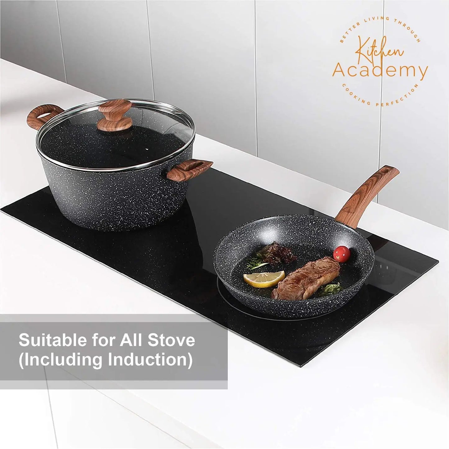 Black Granite Pots and Pans Set Academy Induction 17 Piece Non-stick