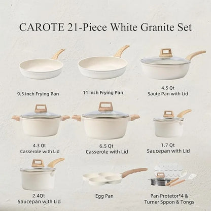 Nonstick Cookware Sets White Granite Induction CAROTE 21Pcs