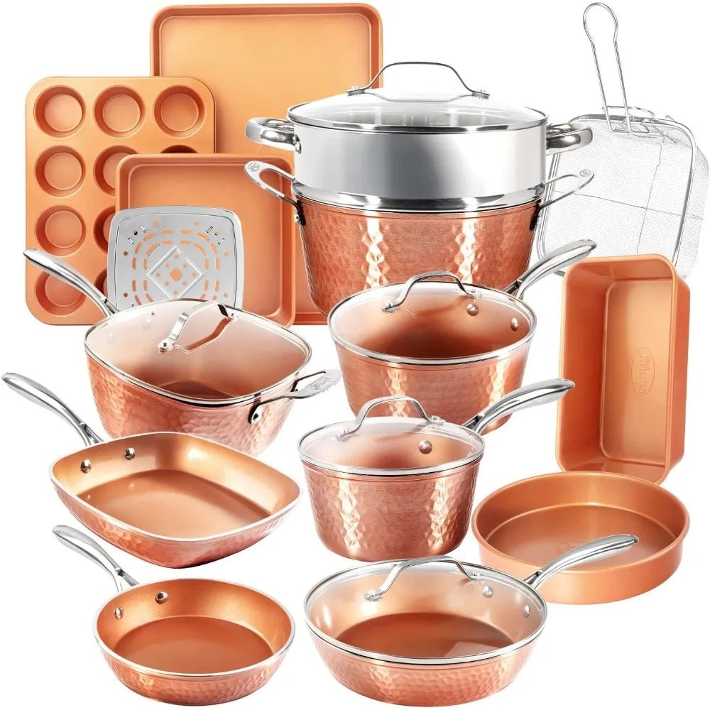 Nonstick Ceramic Cookware Hammered Copper Collection 20 Piece Sets