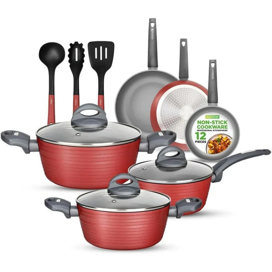 Professional 12-Piece Nonstick Cookware Elegant Design Multi-Sized Pots and Pans Set