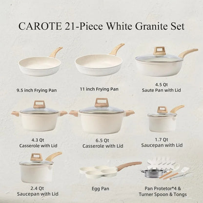 Nonstick Cookware Sets White Granite Induction CAROTE 21Pcs