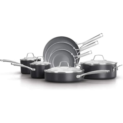 Ceramic Cookware with Stay-Cool Handles 11-Piece Pots and Pans Set Dark Grey