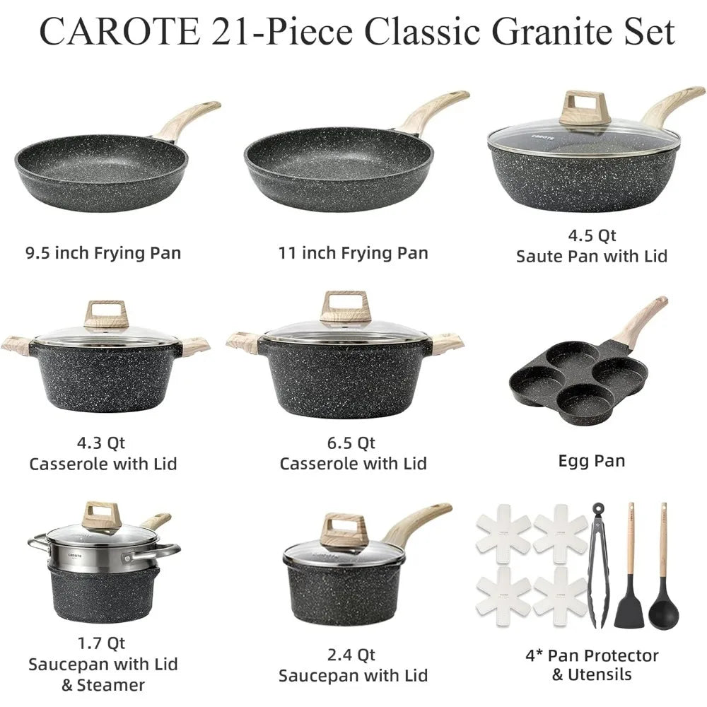 Nonstick Cookware Sets White Granite Induction CAROTE 21Pcs