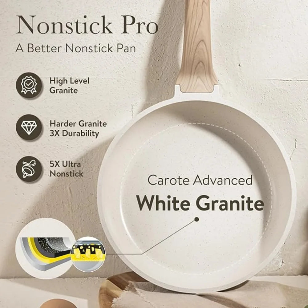 Nonstick Cookware Sets White Granite Induction CAROTE 21Pcs