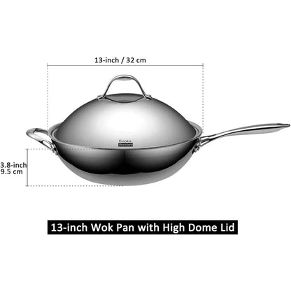 Wok Multi-Ply Clad Stir Fry Pan 13" with High Dome lid Silver