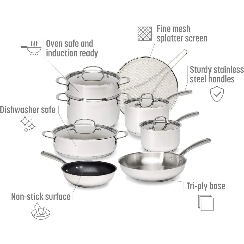 Classic Stainless Steel Cookware Set Pots and Pans Goodful 12-Piece