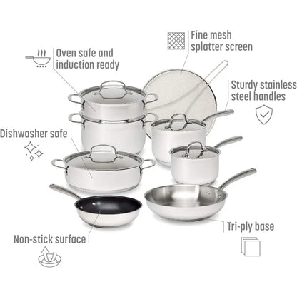 Classic Stainless Steel Cookware Set Pots and Pans Goodful 12-Piece