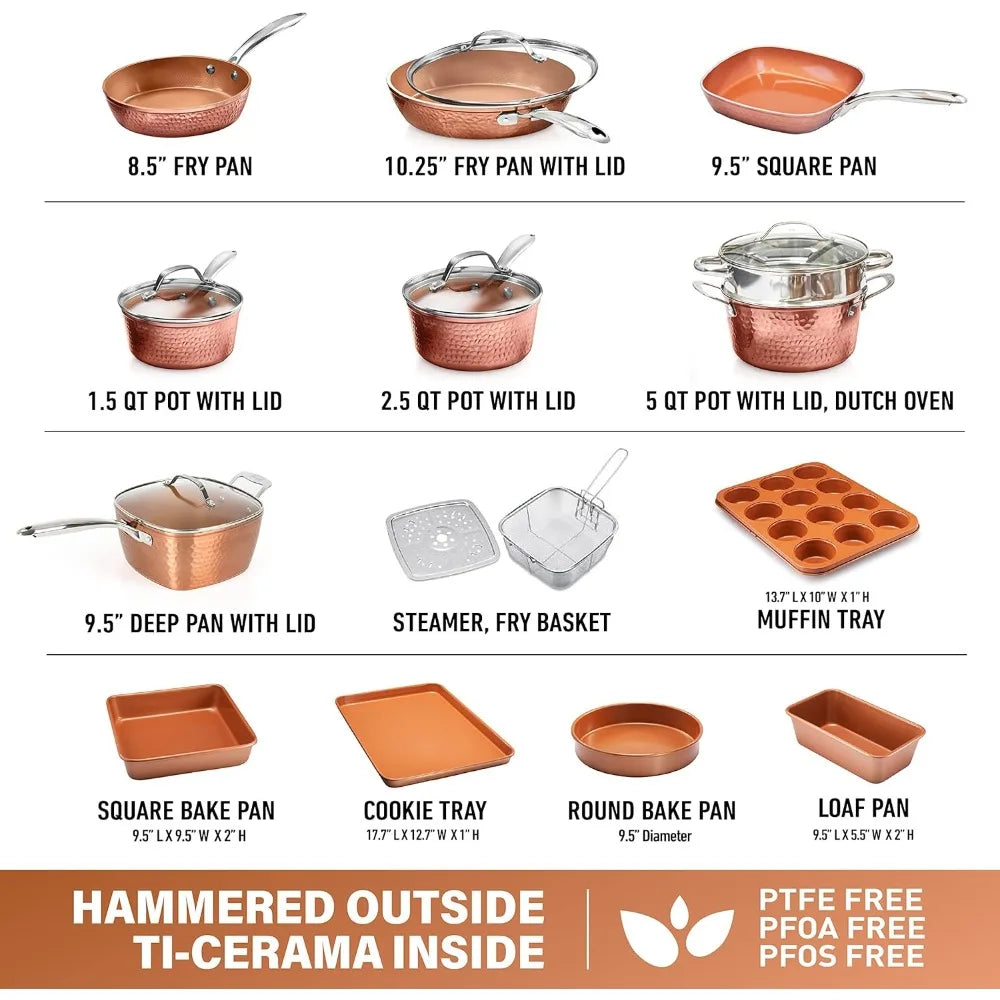 Nonstick Ceramic Cookware Hammered Copper Collection 20 Piece Sets