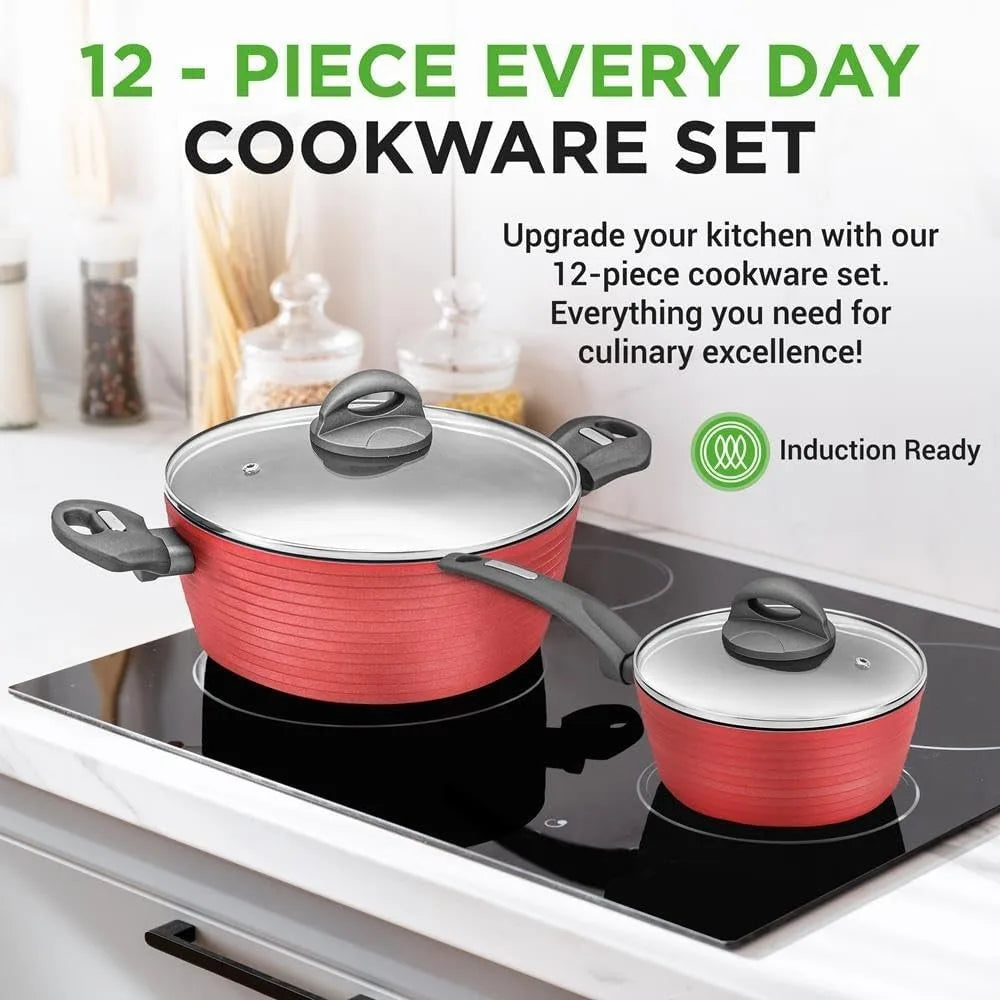 Professional 12-Piece Nonstick Cookware Elegant Design Multi-Sized Pots and Pans Set