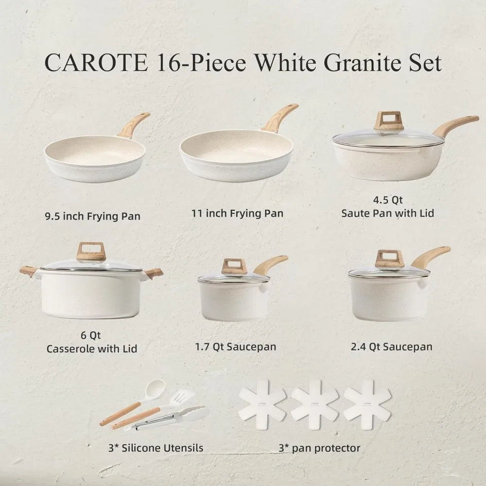 Nonstick Cookware Sets White Granite Induction CAROTE 21Pcs