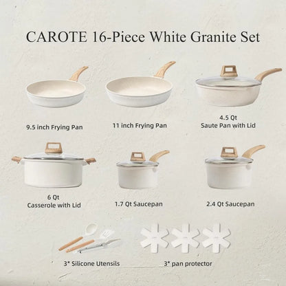 Nonstick Cookware Sets White Granite Induction CAROTE 21Pcs