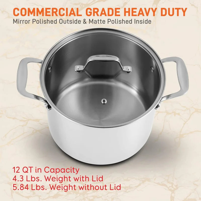 Stainless Steel Stock Pot 18/8 Food Grade Heavy Duty Induction 12-Quart