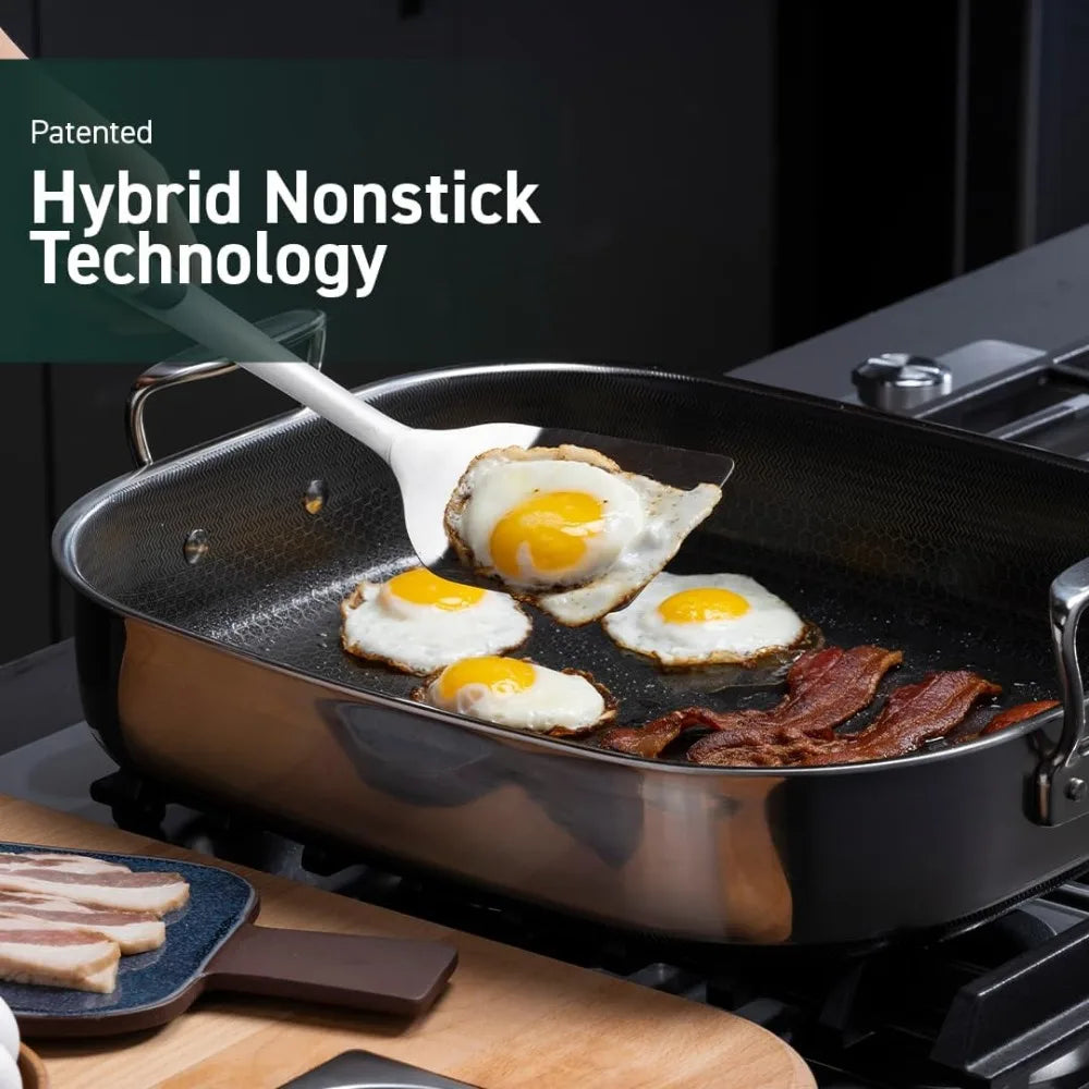 Hybrid Nonstick Roasting Pan with Rack Dishwasher and Oven Friendly Compatible with All Cooktops