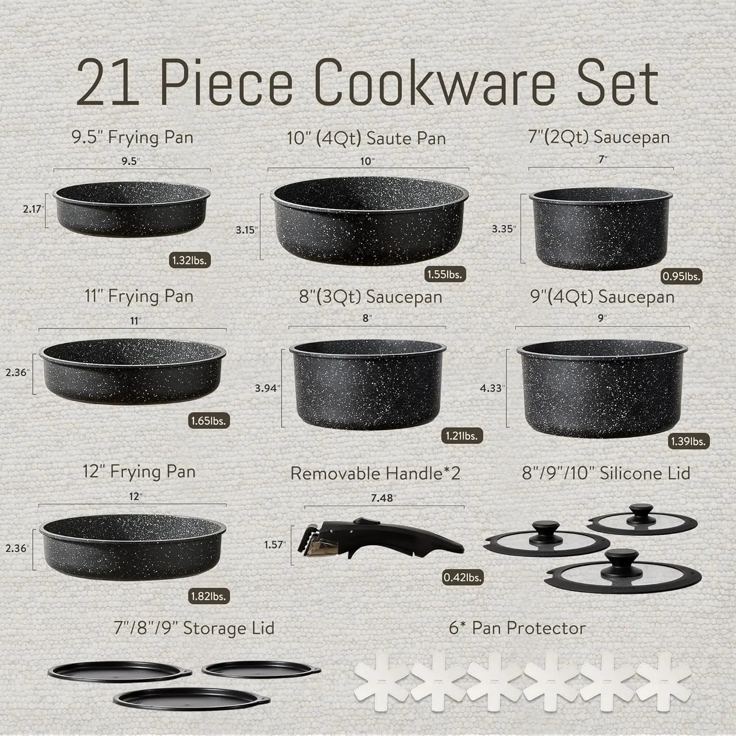 Detachable Handle Pots and Pan Set Nonstick Induction Cookware Sets 21pcs