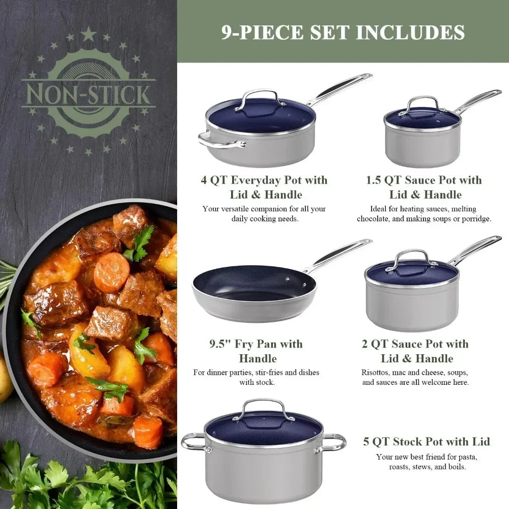 Nonstick Coated Diamond Infused Scratch Resistant 9pc Cookware Set