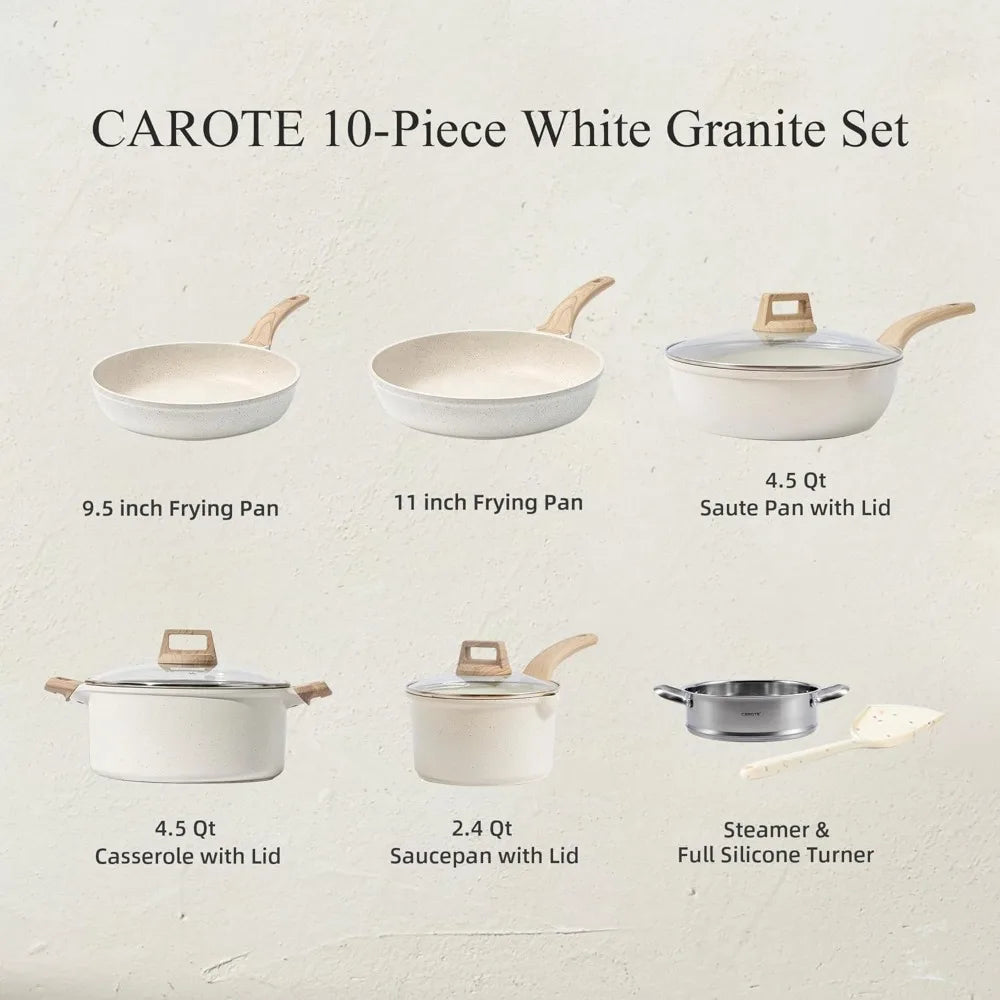 Nonstick Cookware Sets White Granite Induction CAROTE 21Pcs