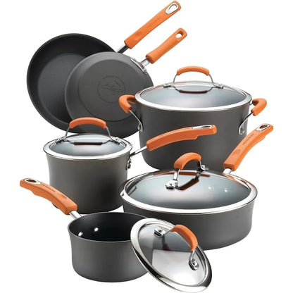 Hard-Anodized Aluminum Nonstick Cookware Set With Glass Lids