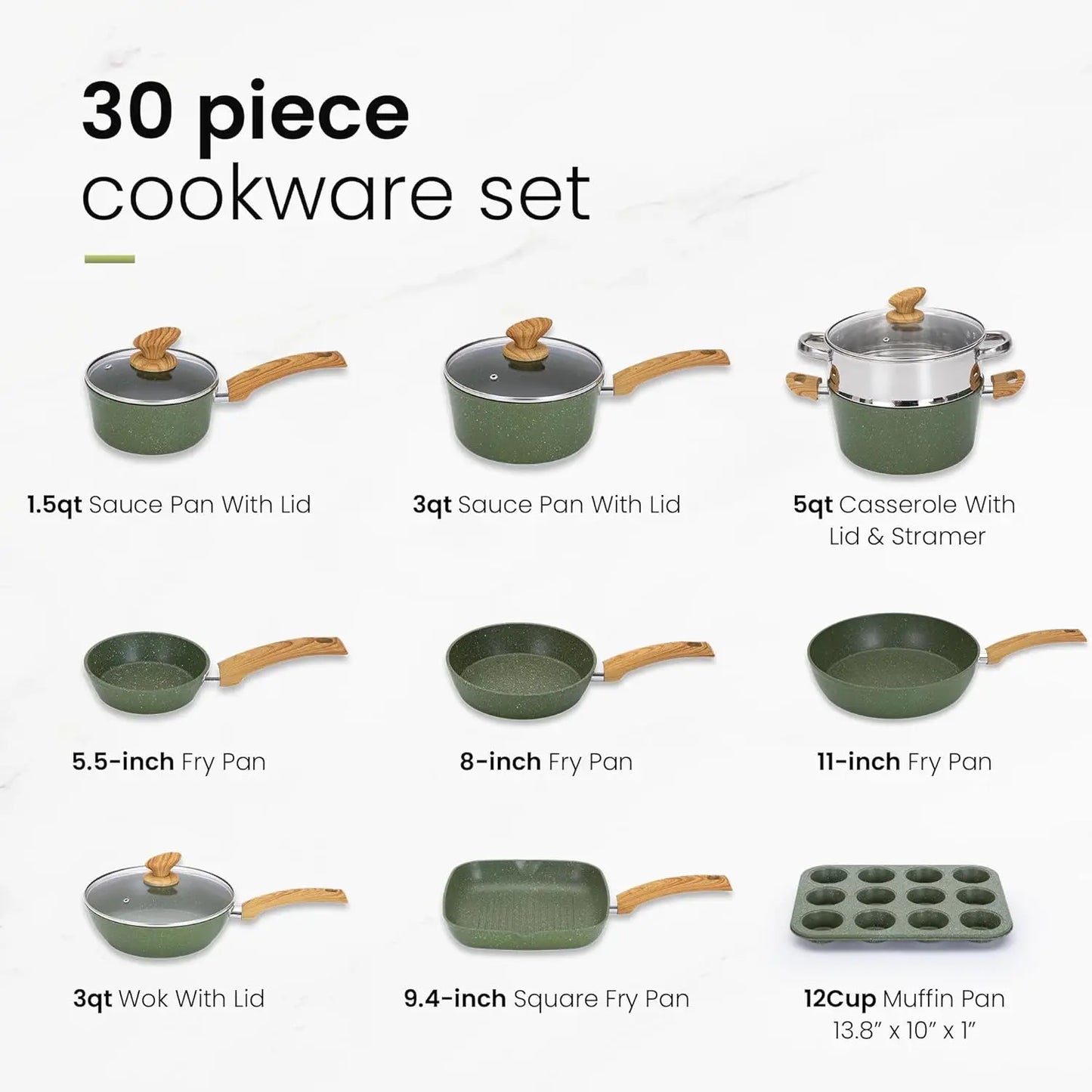 Green Granite Coating 30 Pieces Induction Kitchen Cookware Set