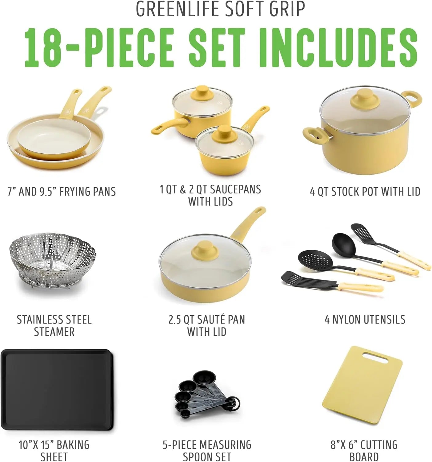 Kitchen Cookware Pots and Frying Sauce Saute Pans Set Yellow 18 Piece