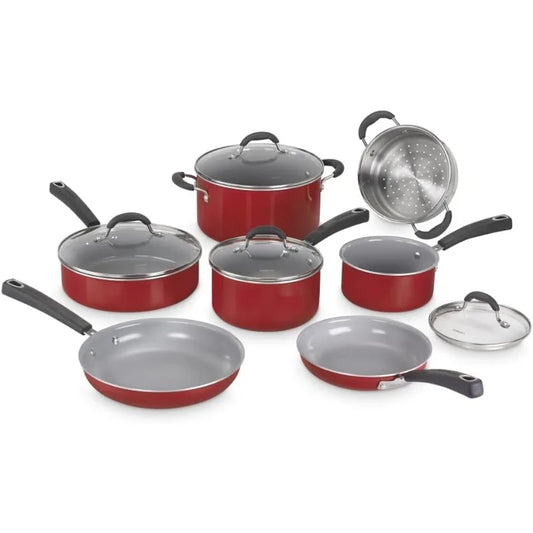 Ceramic XT Nonstick Cookware Set Red/Stainless Steel Cuisinart 11-Piece