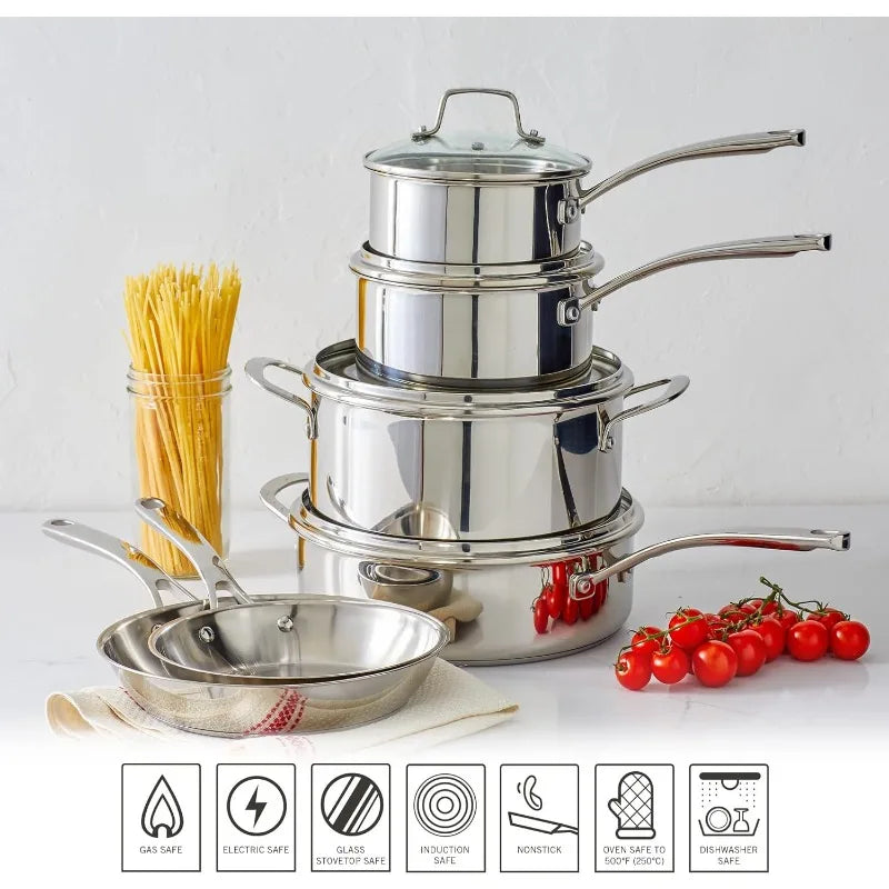 Induction Safe Pots and Pans Non-Toxic Cookware Set 10 Piece 18/8 Stainless Steel