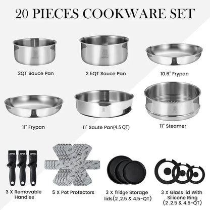 Pots and Pans Set 20 Piece Stainless Steel Kitchen Removable Handle Cookware Set