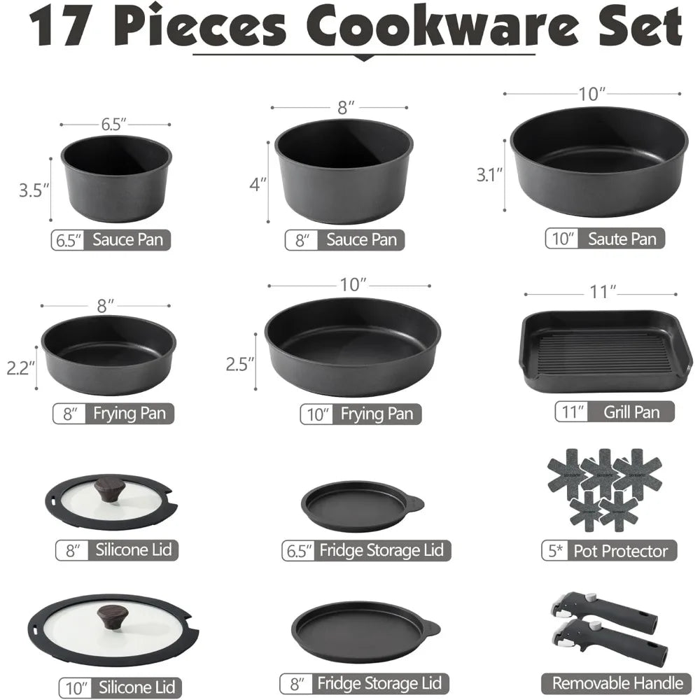 Nonstick Detachable Handle Cookware Set with Removable Handle 17 Piece