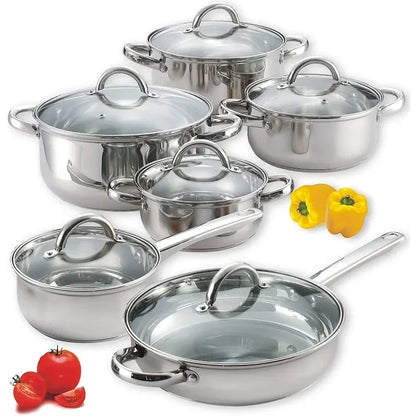 Kitchen Cookware Set 12-Piece Basic Stainless Steel Pots and Pans Silver