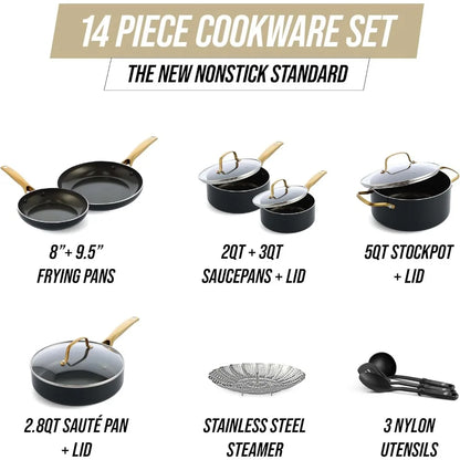 Cookware Set Nonstick Ceramic Dishwasher Safe Gold Handle 14 Piece