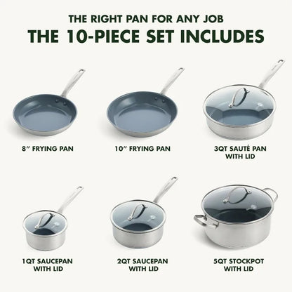 Stainless Steel Healthy Ceramic Nonstick 10 Piece Cookware Pots and Pans Set