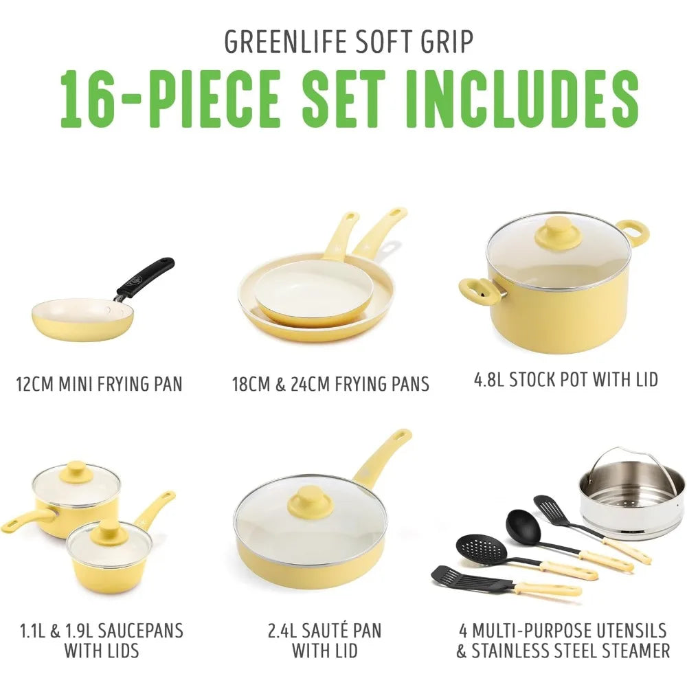 Soft Grip Healthy Ceramic Nonstick 16 Piece Kitchen Cookware Sets